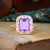4CT Emerald Cut Amethyst Engagement Ring Pave Halo Bridal Ring